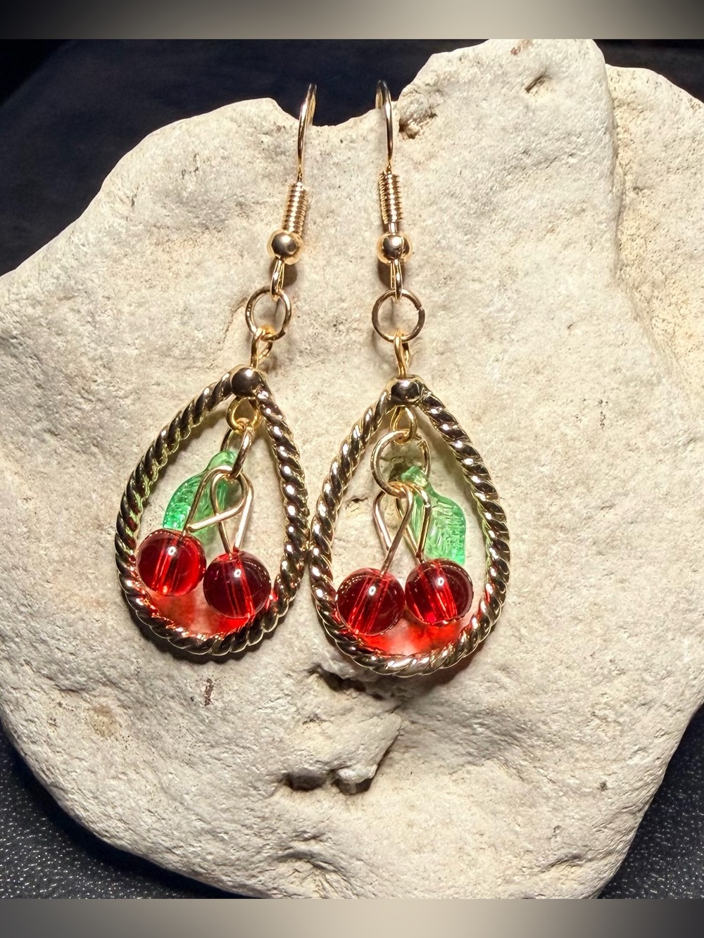 Hand Crafted Gold Teardrop Cherry Dangle Earrings